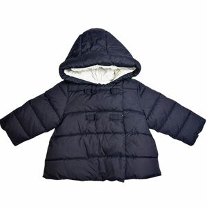 JACADI Paris Baby Girl Puff Jacket with Hood Navy Blue Zip Front Bow Details 12M